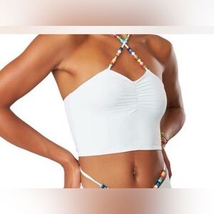 The Kript Beaded Halter Crop Top White Ruched Festival Y2K XS